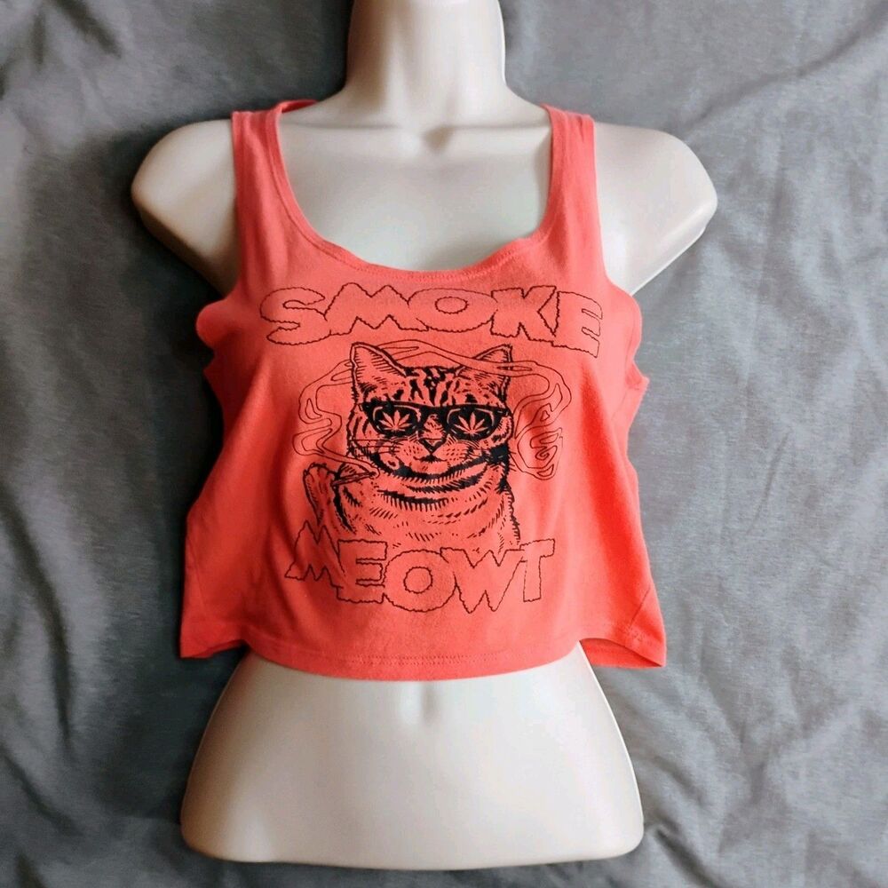 Artistshot Smoke Meowt Cat Crop Top Tank Size S/M Orange Cannabis Weed Festival